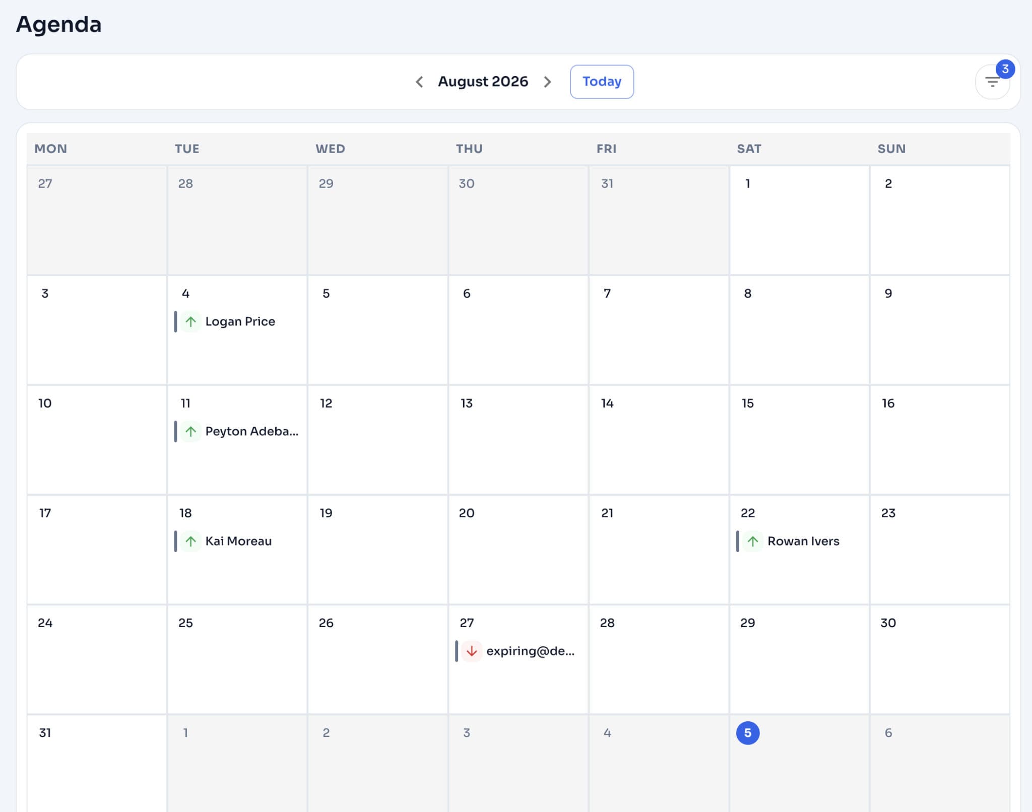 GymMate monthly agenda calendar with training events